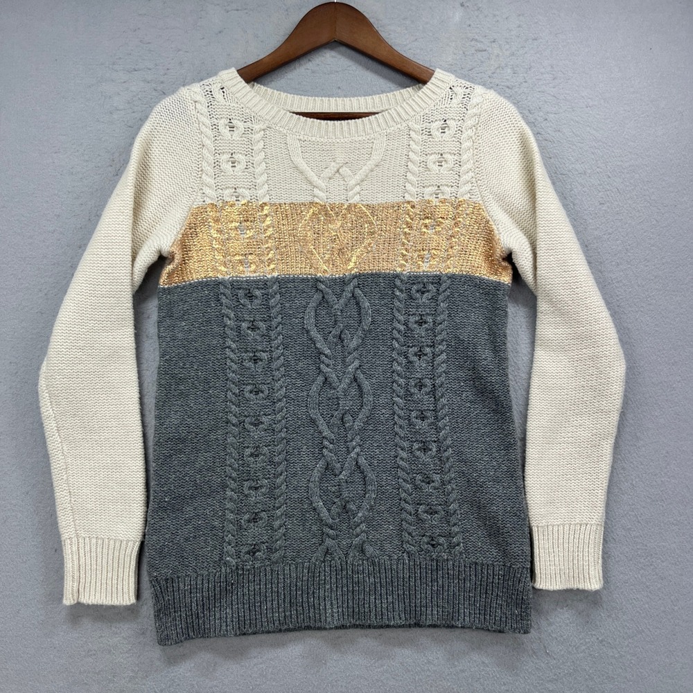 Gap Maternity Sweater Womens M Cream Gray Gold Cable Knit Wool Blend Pullover